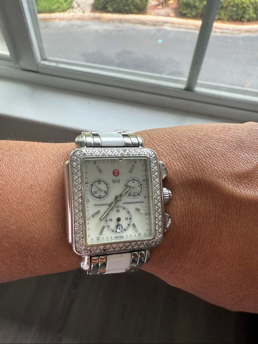 Michele Silver and White Diamond-Accent Chronograph Watch